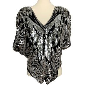 Vintage silver sequin & bead butterfly blouse, S